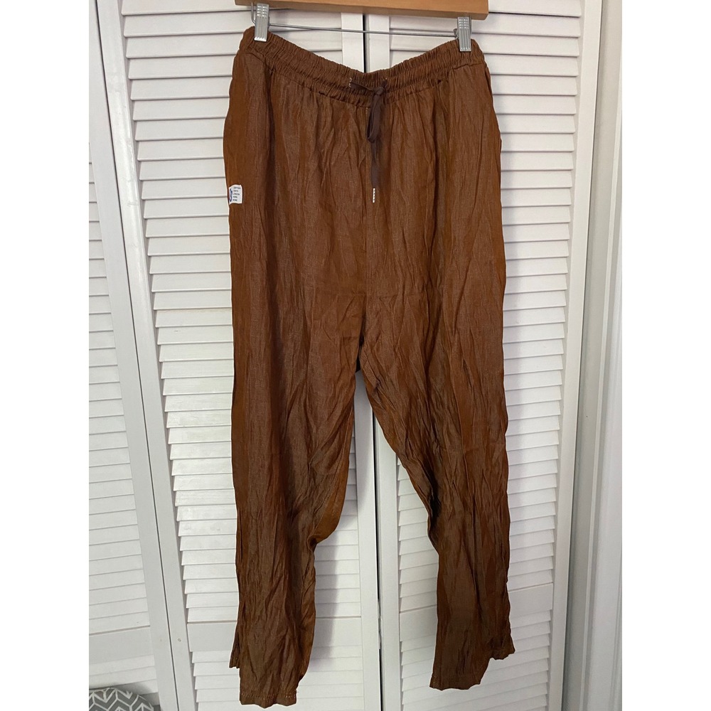 Bronze Brown Crinkle Texture Drawstring Jogger Pants with City Logo Patch